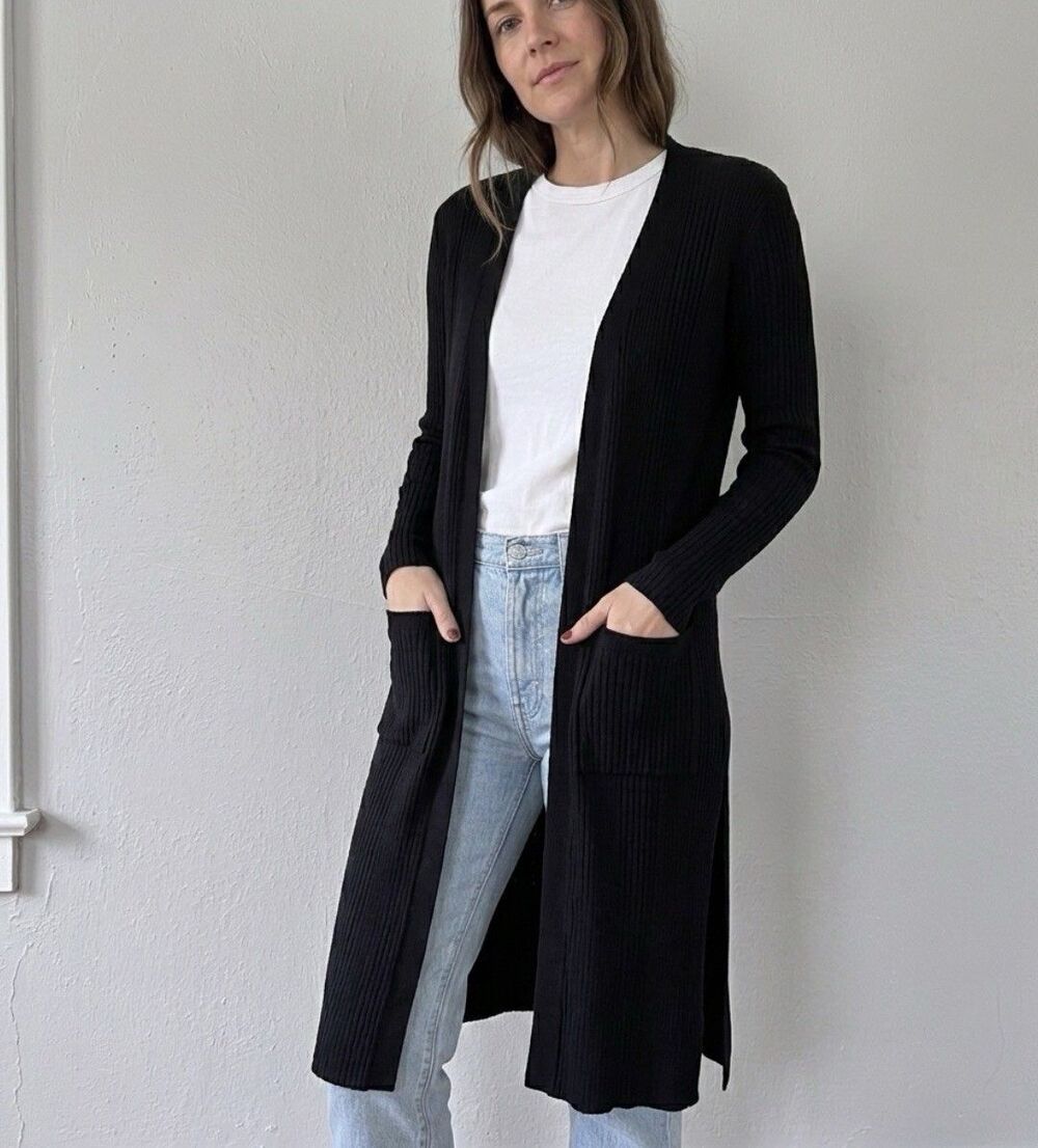 Faded Glory Women's Ribbed Duster Maxi Cardigan pocket black Size L 12-14